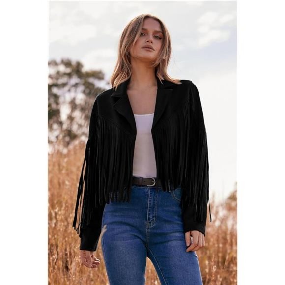 Women's Fringe Faux Leather Jackets Fashion Tassel Motorcycle Cropped Coats NWT - Picture 7 of 7